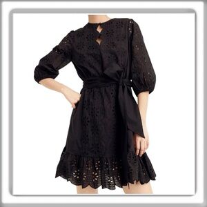 J Crew Ruffle Hem Black Eyelet Mini Dress 3/4 Sleeve Size Large